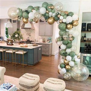 137PCS Sage Green Balloon Garland Arch Kit White Gold Confetti Balloons Retro